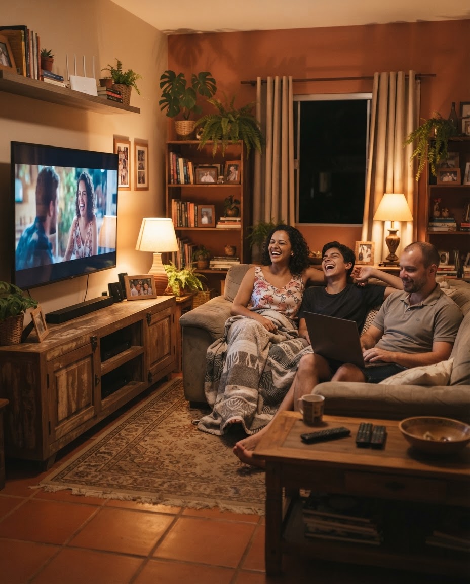 Família usando a internet fibra da Cerrado Net